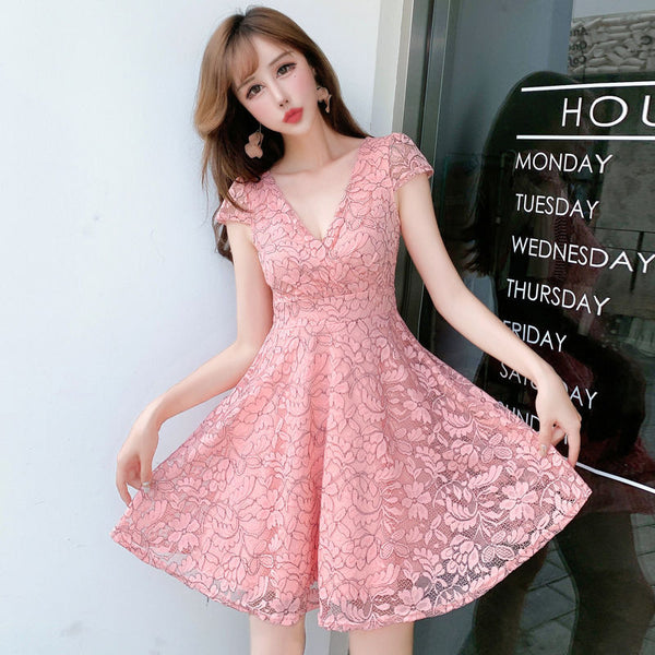 Women V-neck Temperament Sexy Backless Lace A Line Dress Skirt