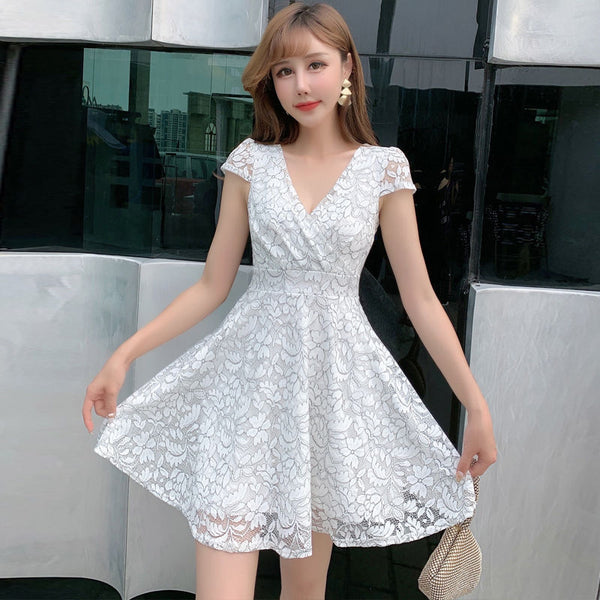Women V-neck Temperament Sexy Backless Lace A Line Dress Skirt