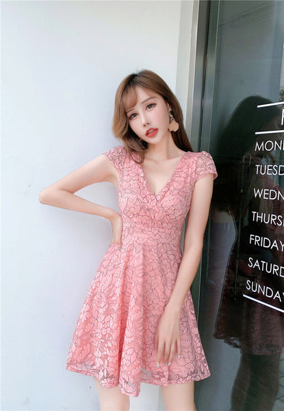 Women V-neck Temperament Sexy Backless Lace A Line Dress Skirt