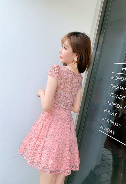 Women V-neck Temperament Sexy Backless Lace A Line Dress Skirt