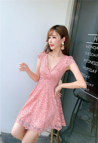 Women V-neck Temperament Sexy Backless Lace A Line Dress Skirt