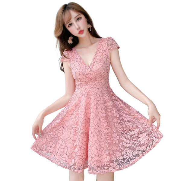 Women V-neck Temperament Sexy Backless Lace A Line Dress Skirt