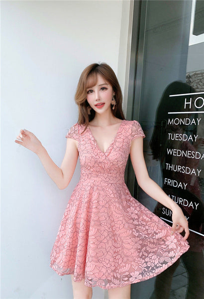 Women V-neck Temperament Sexy Backless Lace A Line Dress Skirt