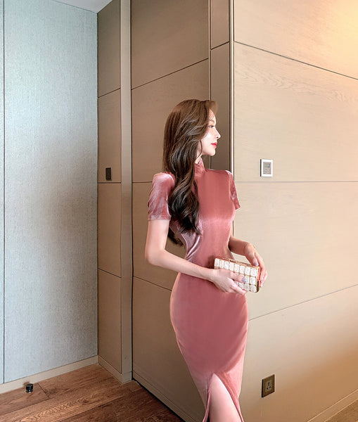 Light Velvet Pink Side Slit Cheongsam High Waist Long Short Sleeves Dress