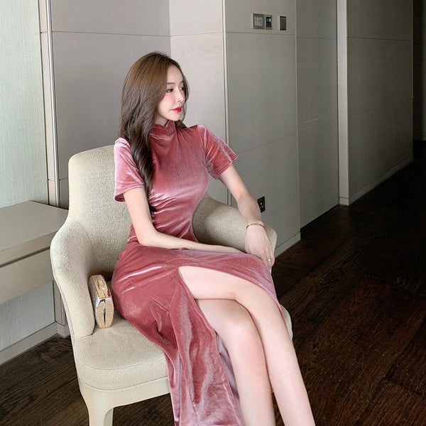 Light Velvet Pink Side Slit Cheongsam High Waist Long Short Sleeves Dress