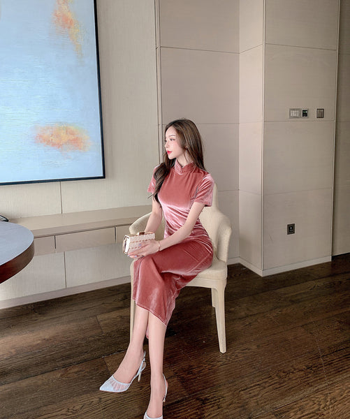 Light Velvet Pink Side Slit Cheongsam High Waist Long Short Sleeves Dress
