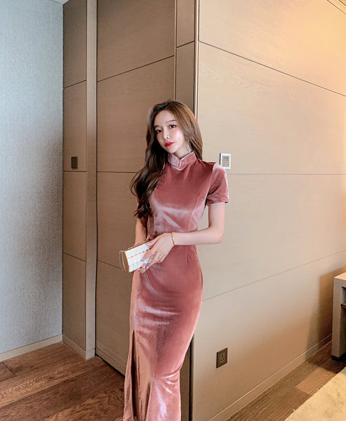 Light Velvet Pink Side Slit Cheongsam High Waist Long Short Sleeves Dress