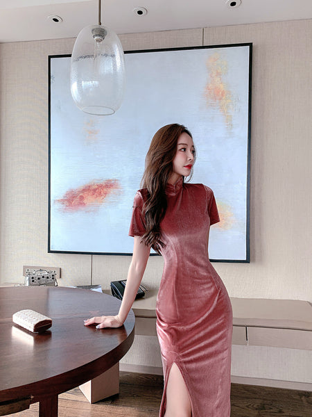 Light Velvet Pink Side Slit Cheongsam High Waist Long Short Sleeves Dress