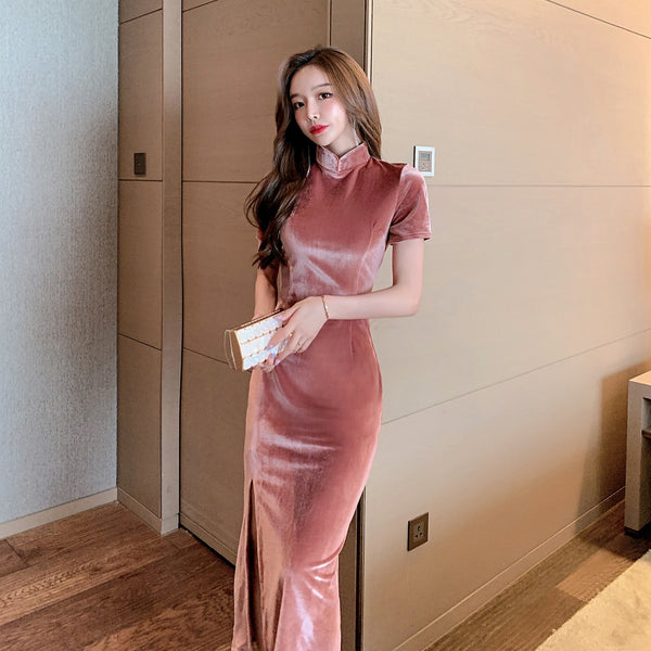 Light Velvet Pink Side Slit Cheongsam High Waist Long Short Sleeves Dress
