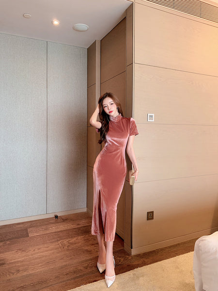 Light Velvet Pink Side Slit Cheongsam High Waist Long Short Sleeves Dress