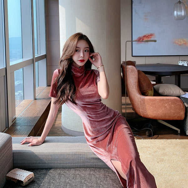 Light Velvet Pink Side Slit Cheongsam High Waist Long Short Sleeves Dress