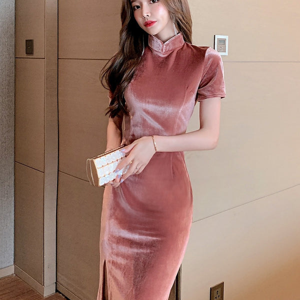 Light Velvet Pink Side Slit Cheongsam High Waist Long Short Sleeves Dress