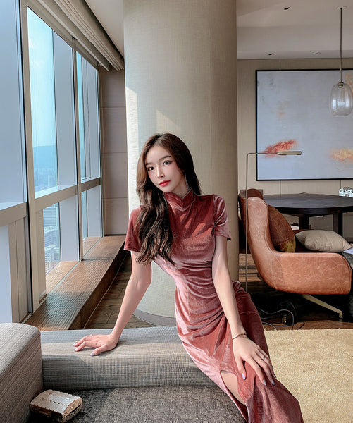 Light Velvet Pink Side Slit Cheongsam High Waist Long Short Sleeves Dress