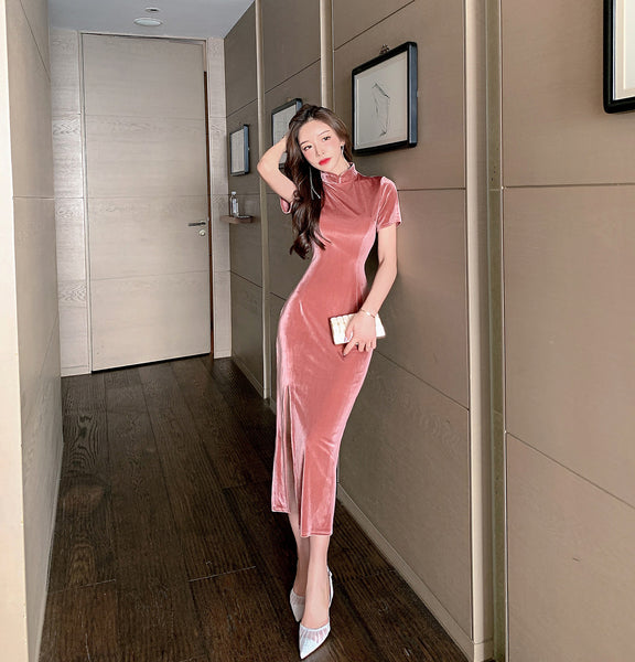 Light Velvet Pink Side Slit Cheongsam High Waist Long Short Sleeves Dress