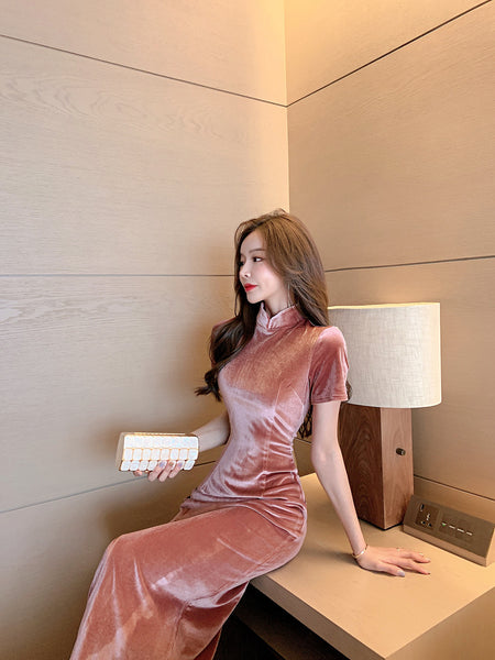 Light Velvet Pink Side Slit Cheongsam High Waist Long Short Sleeves Dress