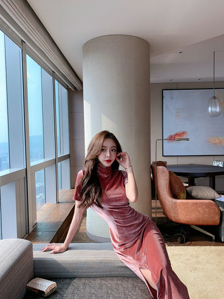 Light Velvet Pink Side Slit Cheongsam High Waist Long Short Sleeves Dress