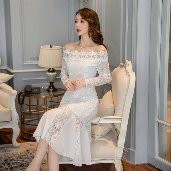 Off Shoulder Lace Trend Dress Temperament Mid Length Fishtail Ruffled Skirt