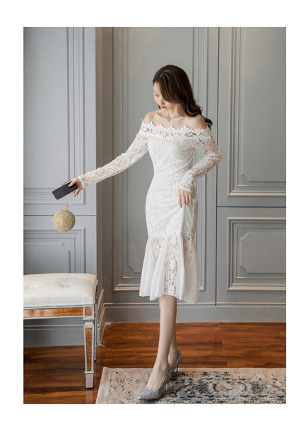 Off Shoulder Lace Trend Dress Temperament Mid Length Fishtail Ruffled Skirt