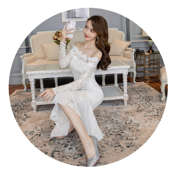 Off Shoulder Lace Trend Dress Temperament Mid Length Fishtail Ruffled Skirt