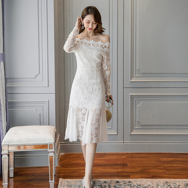 Off Shoulder Lace Trend Dress Temperament Mid Length Fishtail Ruffled Skirt