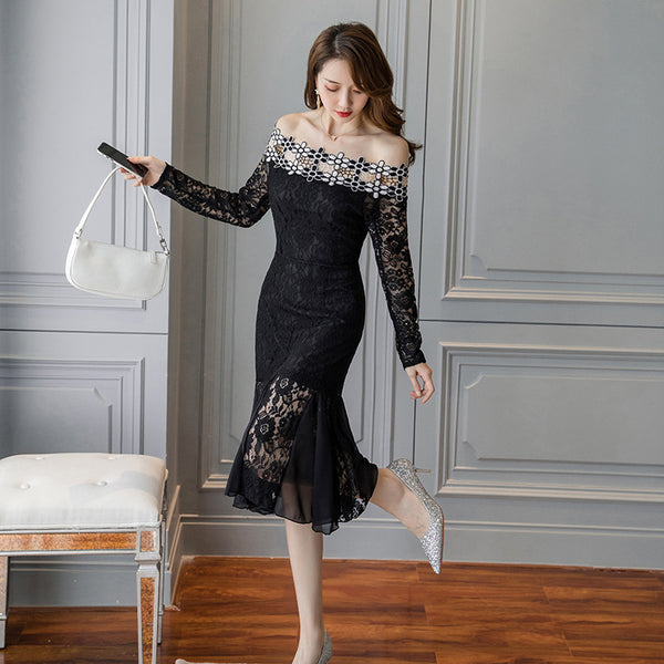 Off Shoulder Lace Trend Dress Temperament Mid Length Fishtail Ruffled Skirt