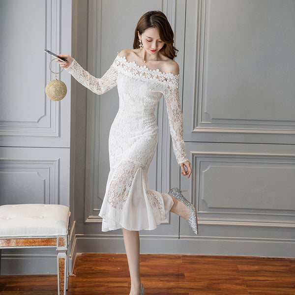 Off Shoulder Lace Trend Dress Temperament Mid Length Fishtail Ruffled Skirt