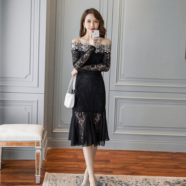 Off Shoulder Lace Trend Dress Temperament Mid Length Fishtail Ruffled Skirt