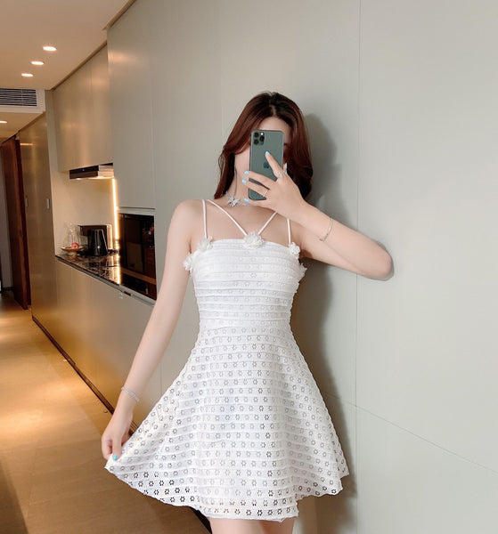 Sexy Backless Low Cut Hollow Strap Floral Waist A-line Skirt Large Swing Dress