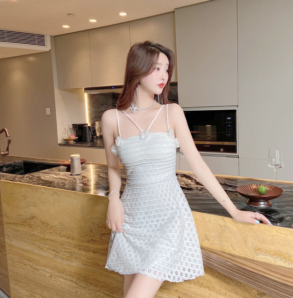 Sexy Backless Low Cut Hollow Strap Floral Waist A-line Skirt Large Swing Dress