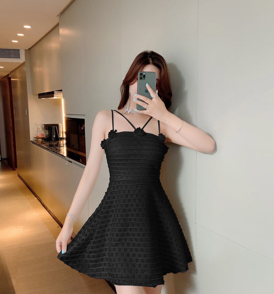 Sexy Backless Low Cut Hollow Strap Floral Waist A-line Skirt Large Swing Dress