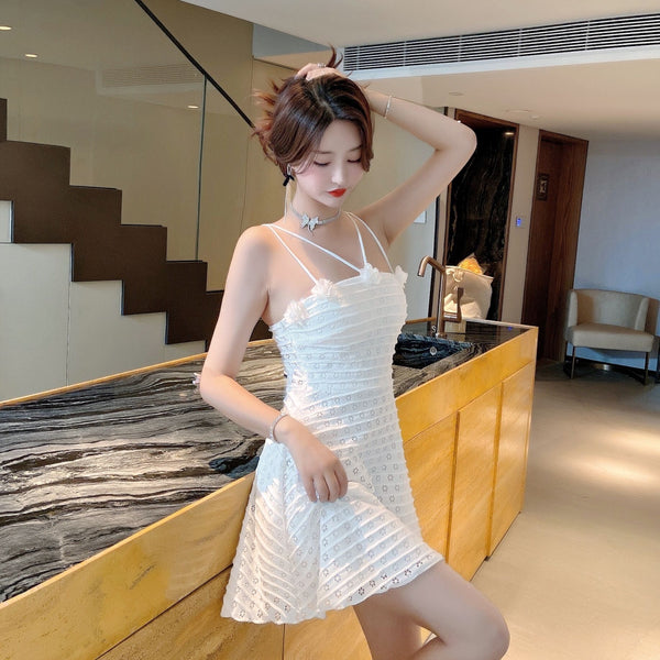 Sexy Backless Low Cut Hollow Strap Floral Waist A-line Skirt Large Swing Dress