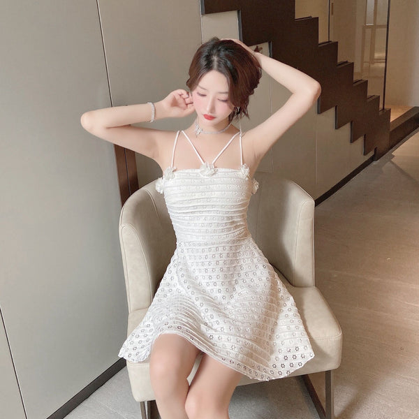 Sexy Backless Low Cut Hollow Strap Floral Waist A-line Skirt Large Swing Dress