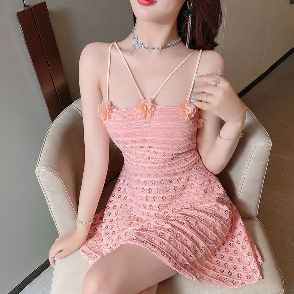 Sexy Backless Low Cut Hollow Strap Floral Waist A-line Skirt Large Swing Dress