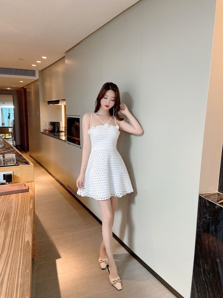 Sexy Backless Low Cut Hollow Strap Floral Waist A-line Skirt Large Swing Dress