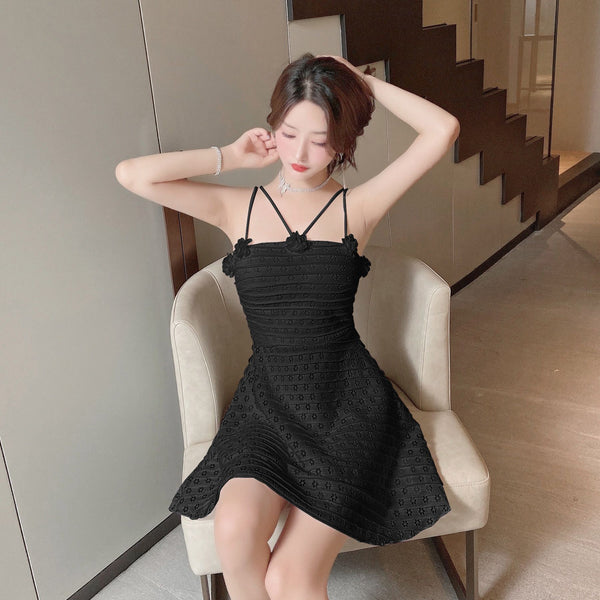 Sexy Backless Low Cut Hollow Strap Floral Waist A-line Skirt Large Swing Dress