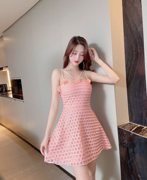 Sexy Backless Low Cut Hollow Strap Floral Waist A-line Skirt Large Swing Dress