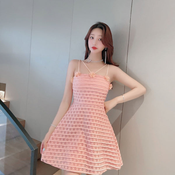 Sexy Backless Low Cut Hollow Strap Floral Waist A-line Skirt Large Swing Dress