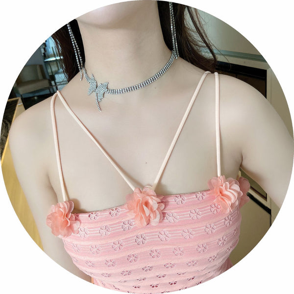 Sexy Backless Low Cut Hollow Strap Floral Waist A-line Skirt Large Swing Dress