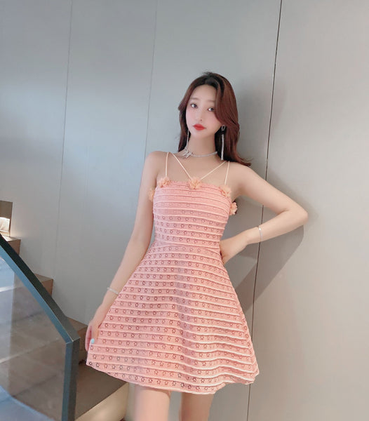 Sexy Backless Low Cut Hollow Strap Floral Waist A-line Skirt Large Swing Dress