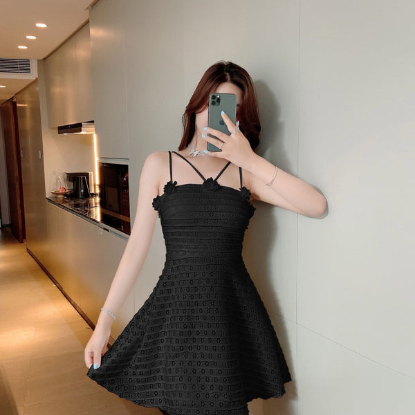 Sexy Backless Low Cut Hollow Strap Floral Waist A-line Skirt Large Swing Dress