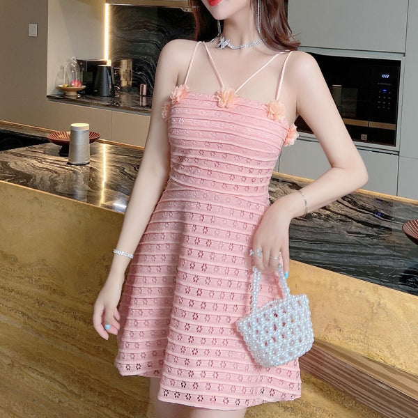 Sexy Backless Low Cut Hollow Strap Floral Waist A-line Skirt Large Swing Dress