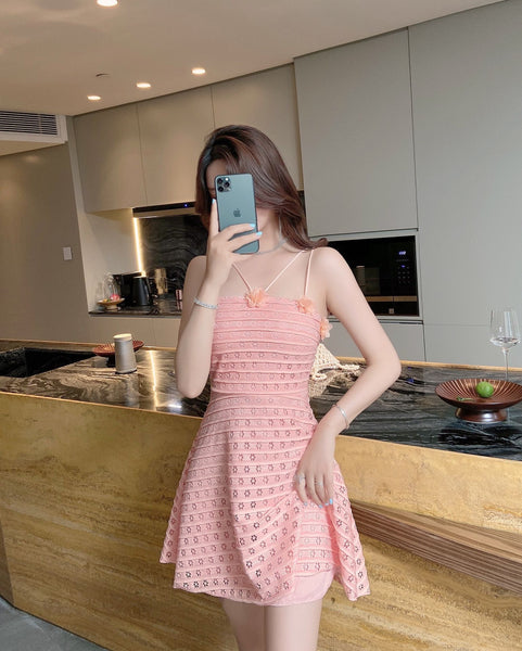 Sexy Backless Low Cut Hollow Strap Floral Waist A-line Skirt Large Swing Dress