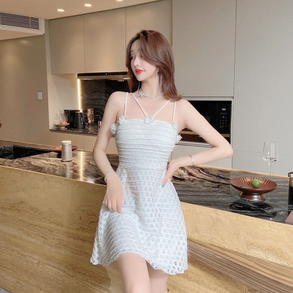 Sexy Backless Low Cut Hollow Strap Floral Waist A-line Skirt Large Swing Dress