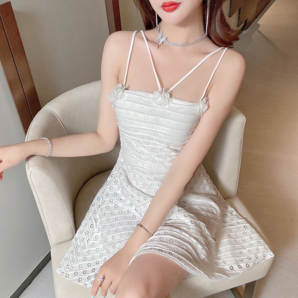 Sexy Backless Low Cut Hollow Strap Floral Waist A-line Skirt Large Swing Dress