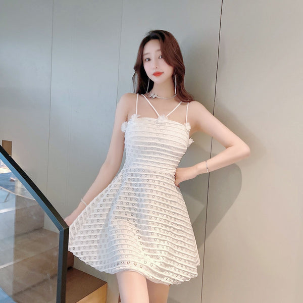 Sexy Backless Low Cut Hollow Strap Floral Waist A-line Skirt Large Swing Dress