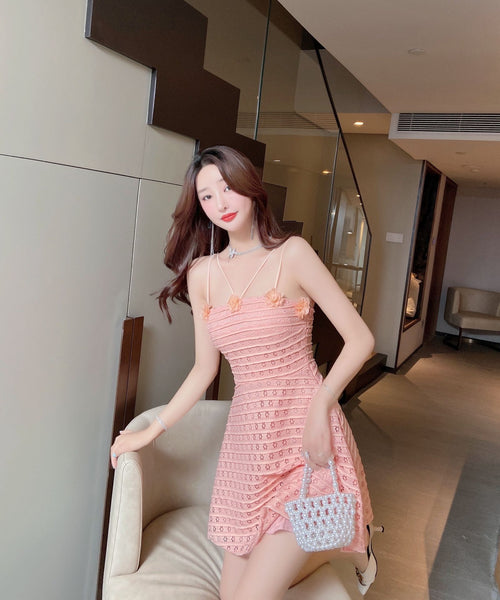 Sexy Backless Low Cut Hollow Strap Floral Waist A-line Skirt Large Swing Dress