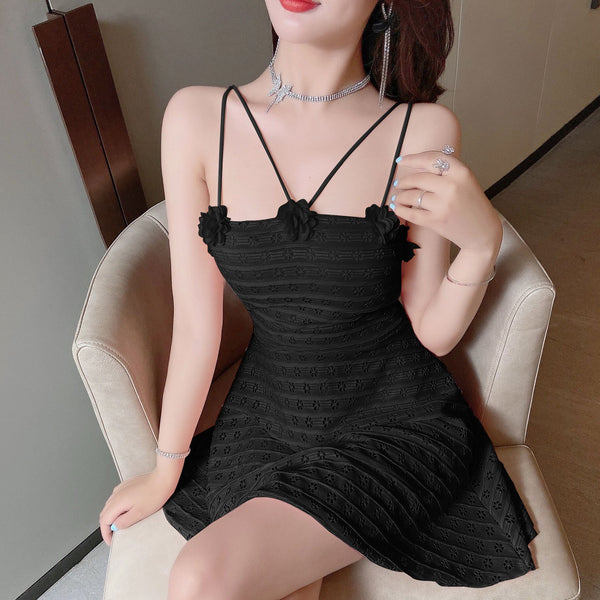 Sexy Backless Low Cut Hollow Strap Floral Waist A-line Skirt Large Swing Dress