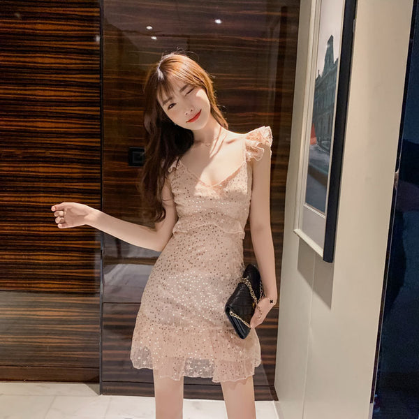 Summer Women Pink Sexy V-neck Ruffle Sequin Sling Strap Lace Dress
