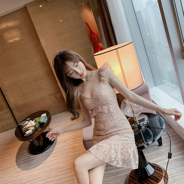 Summer Women Pink Sexy V-neck Ruffle Sequin Sling Strap Lace Dress