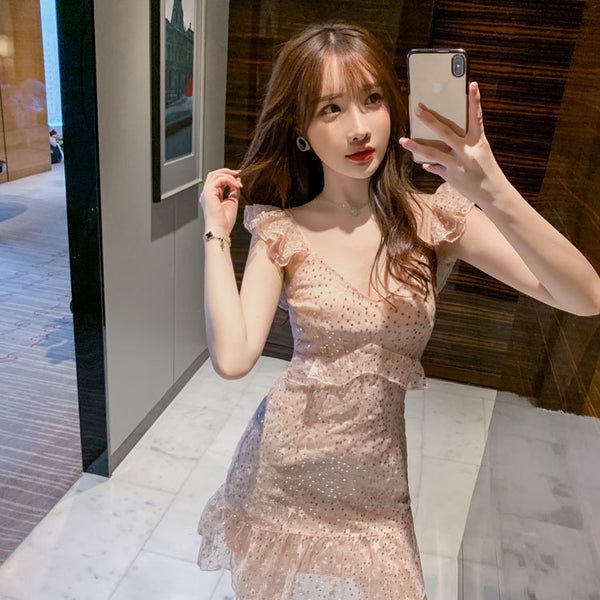 Summer Women Pink Sexy V-neck Ruffle Sequin Sling Strap Lace Dress